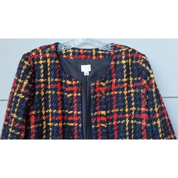 Tweed Bouclé Lady Jacket Fall Winter Blazer Plaid Black Orange-Red Yellow Size S - Picture 3 of 11